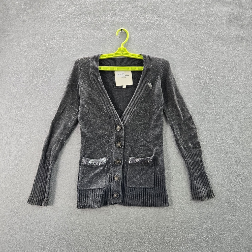 Abercrombie‎ Women Sweater S Gray Cotton Nylon Pony Embroidery Cardigan Sequin